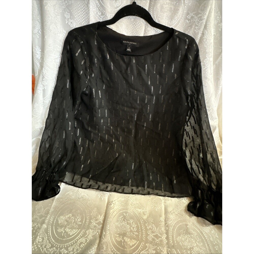 Banana Republic Blouse Womens Small Black Sheer Sleeve Pullover Lined